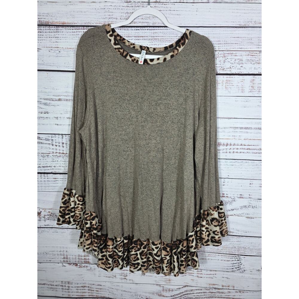 P & Rose Women's Tunic Top Leopard Trim Long Sleeve Brown Soft Knit Boutique 2X
